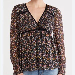Lucky Brand floral print boho tie-front long sleeve blouse XL